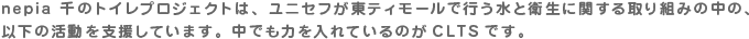 nepia 千のトイレプロジェクトは、ユニセフが東ティモールで行う水と衛生に関する取り組みの中の、 以下の活動を支援しています。