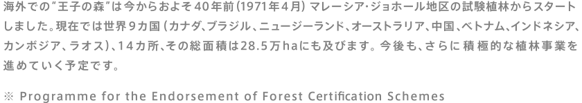 海外での"王子の森"は今からおよそ40年前（1971年4月）マレーシア・ジョホール地区の試験植林からスタートしました。現在では世界9カ国（カナダ、ブラジル、ニュージーランド、オーストラリア、中国、ベトナム、インドネシア、カンボジア、ラオス）、14ヵ所、その総面積は28.5万haにも及びます。今後も、さらに積極的な植林事業を進めていく予定です。　※ Programme for the Endorsement of Forest Certification Schemes